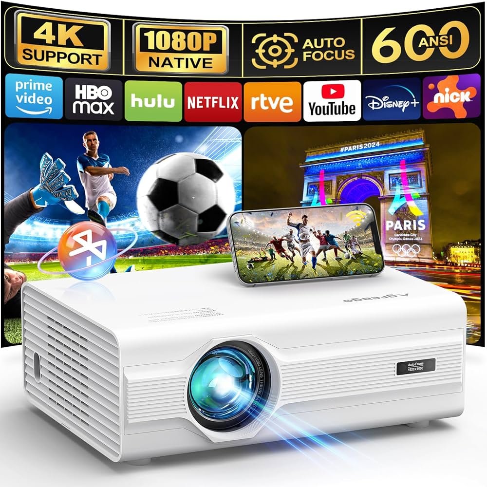 Projector with WiFi 6 and Bluetooth 5.2, 600 ANSI Native 1080P 4K